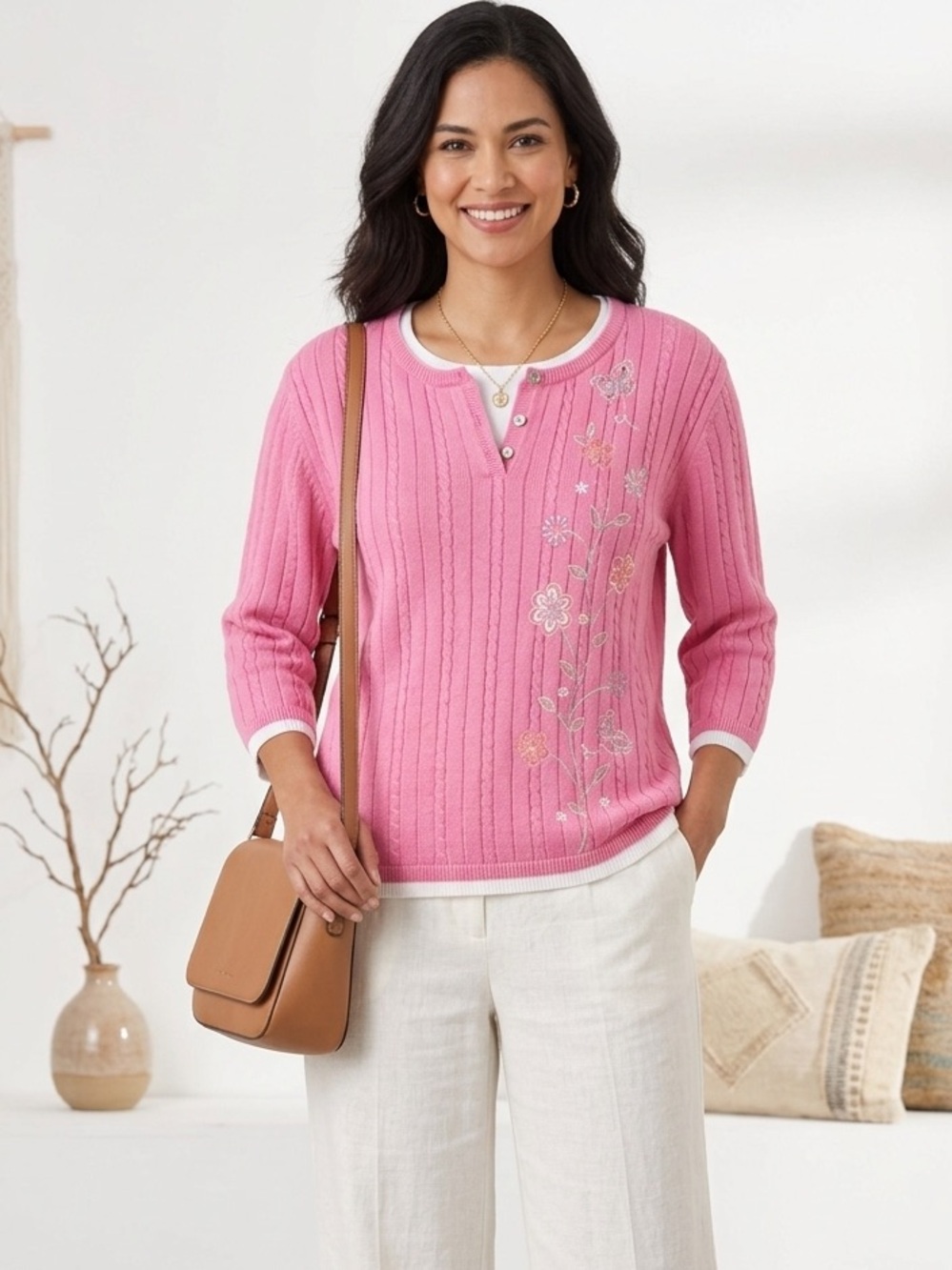 Alfred Dunner Pink Floral Embroidered Sweater Large Layered Henley Cable Knit
